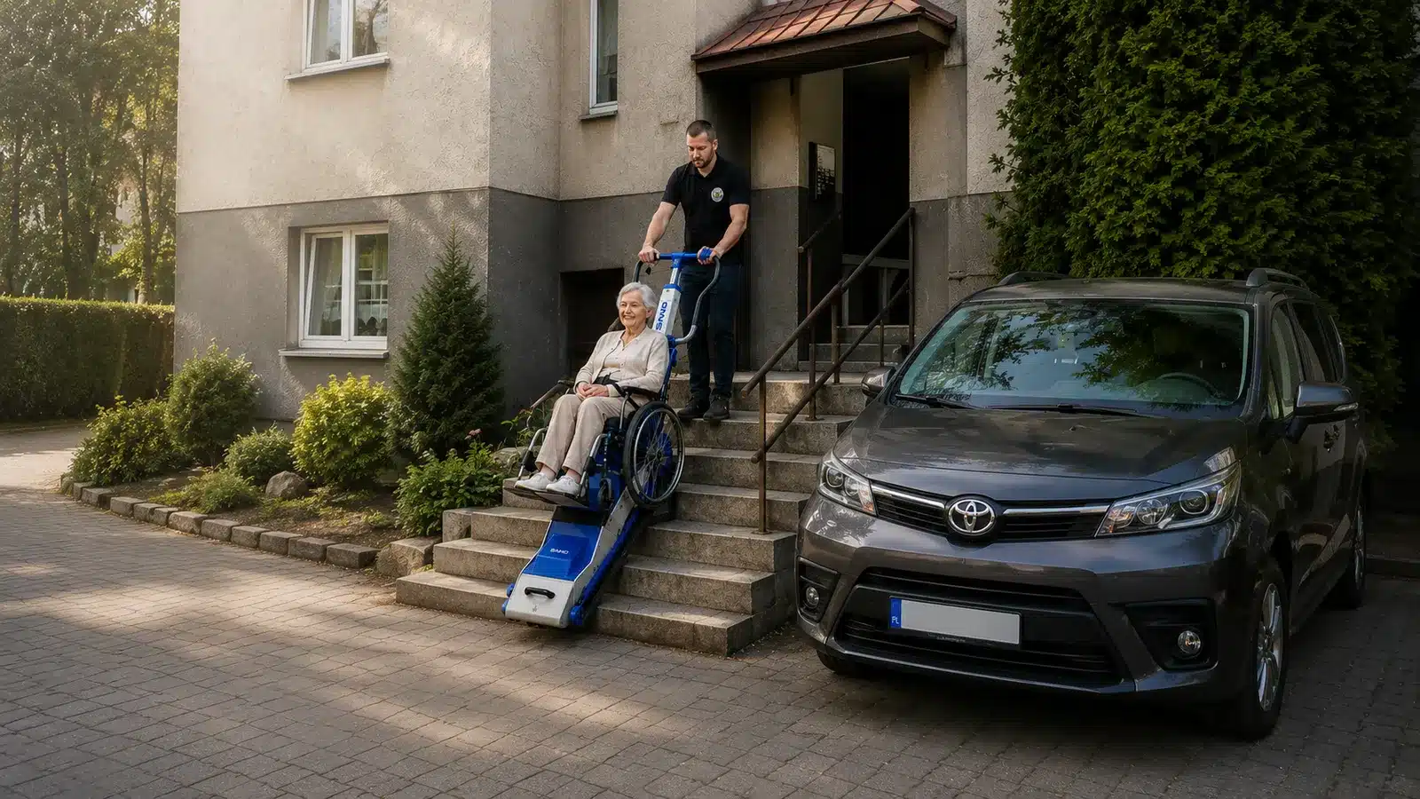 Pomoc ASKARS przy transporcie osoby na wózku po schodach z użyciem schodołazu SANO